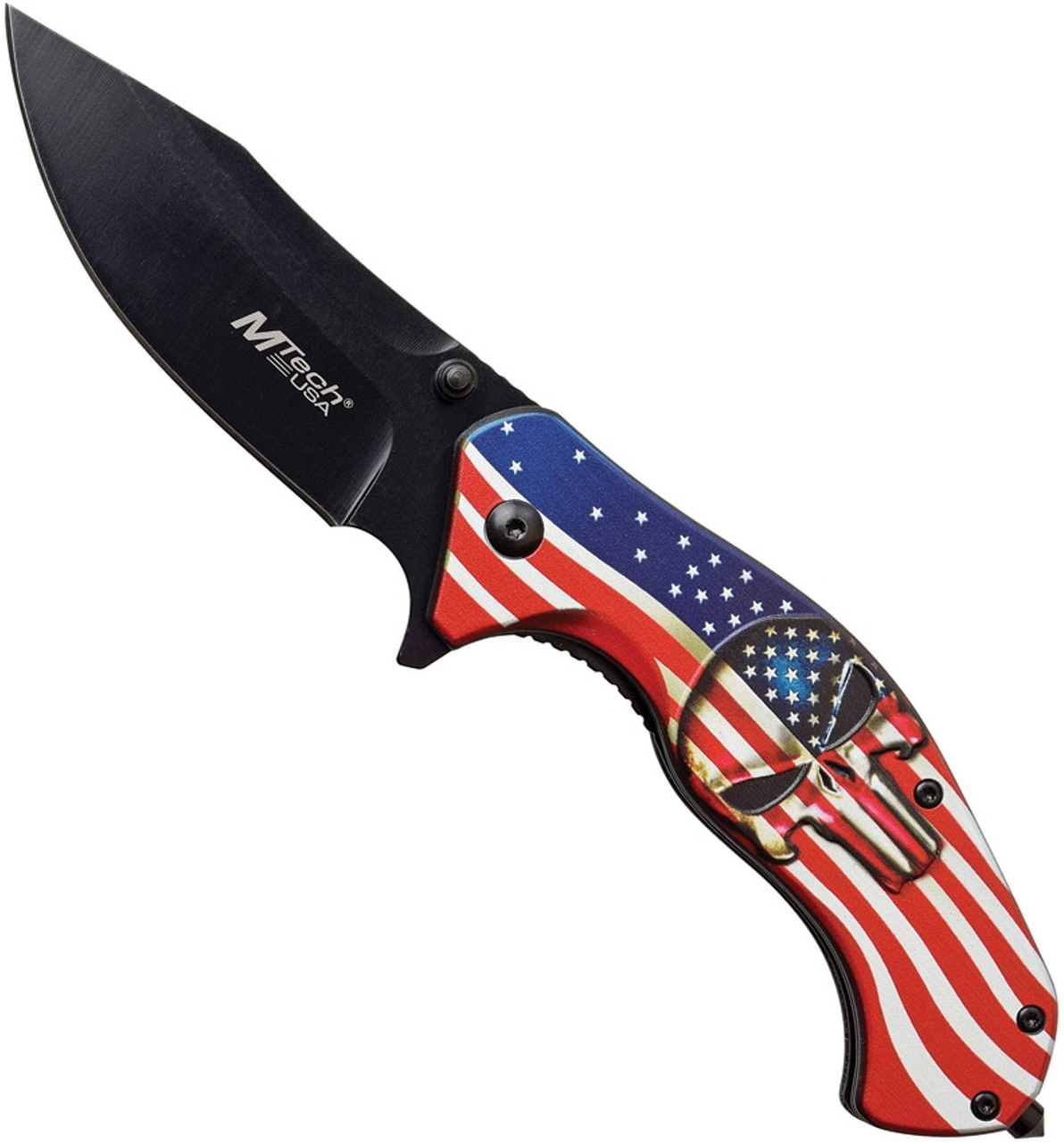 product image for Mtech MTA1025A Folding Knife with American Flag and Skull Handle, Black Finish