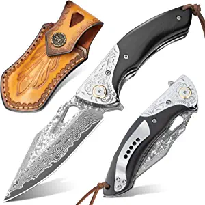 Ned Foss Damascus Pocket Knife VG10 Steel Blade with Sandalwood Handle and Leather Sheath product image