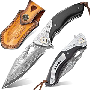 Ned Foss Damascus VG 10 Folding Knife with Leather Sheath and Sandalwood Handle product image