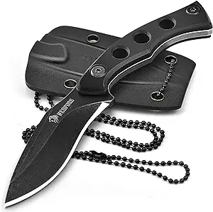 Ned Foss Black Neck Knife with G10 Handle, Fixed Blade EDC, Model Kukri 2.7-inch Blade with Sheath and Necklace