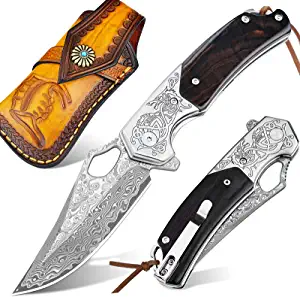 Ned Foss Damascus Steel Folding Knife Sandalwood Handle EDC PTEROSAUR