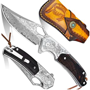 Ned Foss VG 10 Damascus Steel Folding Knife with Leather Sheath and Sandalwood Handle EDC PTEROSAUR