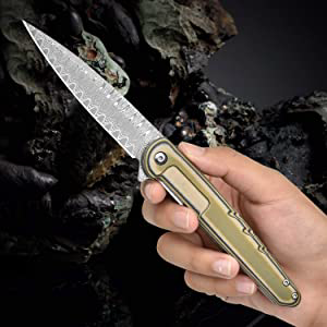 product image for Ned Foss Damascus Steel Folding Pocket Knife with G-10 Handle and Clip, 3.5 Inch Blade, Model Dragonfly