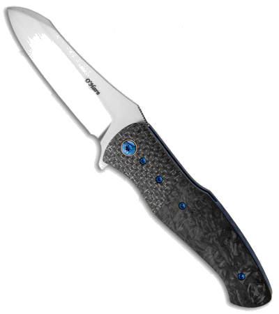 product image for O'Hare Knives RFK Custom Damascus Steel Flipper Knife Blue Lightning Strike Carbon Fiber