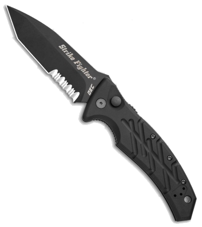 product image for Ontario OKC XM Strike Fighter 2-S Automatic Knife Black Aluminum 3.75" Black Serrated Tanto