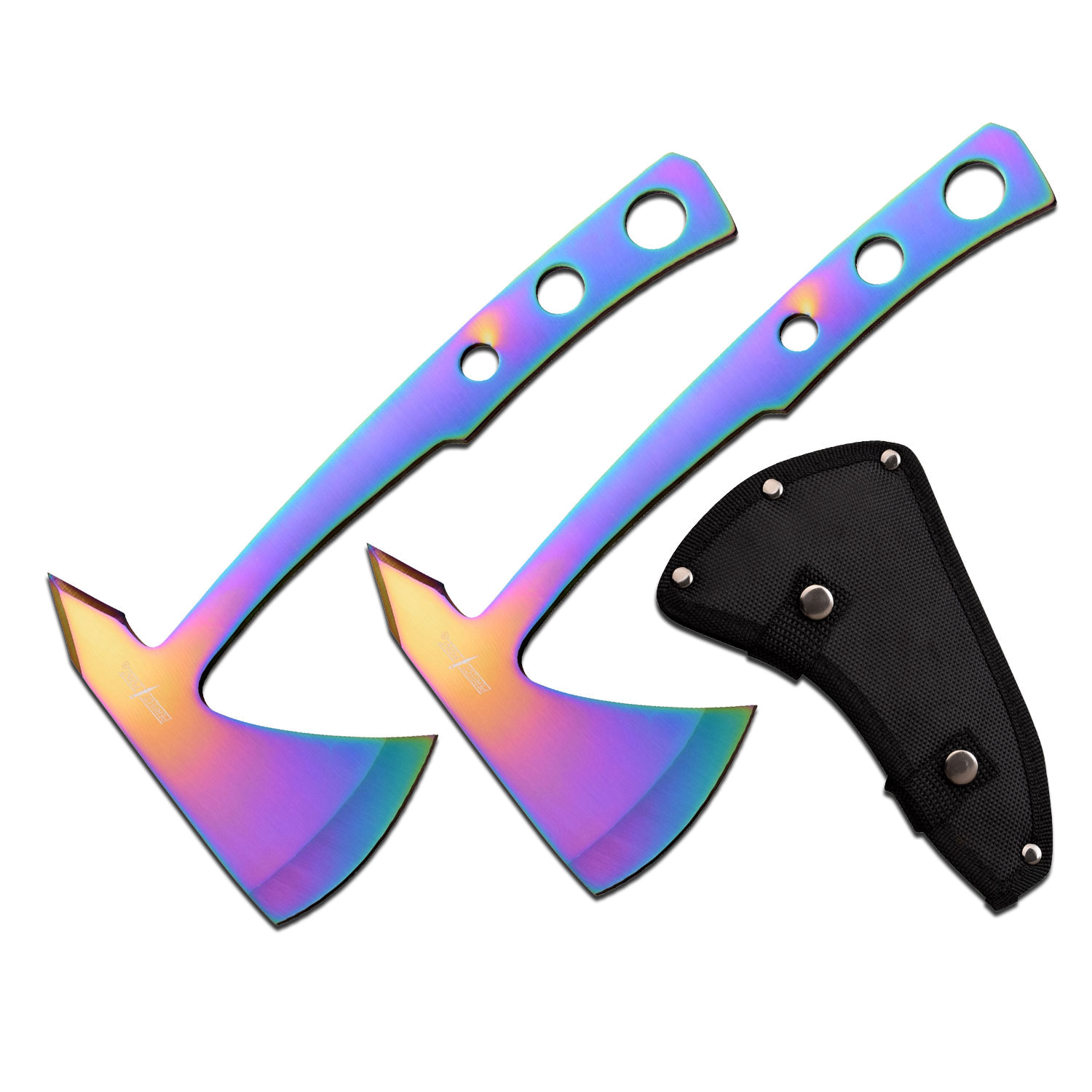product image for Perfect-Point Rainbow Throwing Axe Set 2 Pc Stainless Steel Tomahawk Throwers Sheath