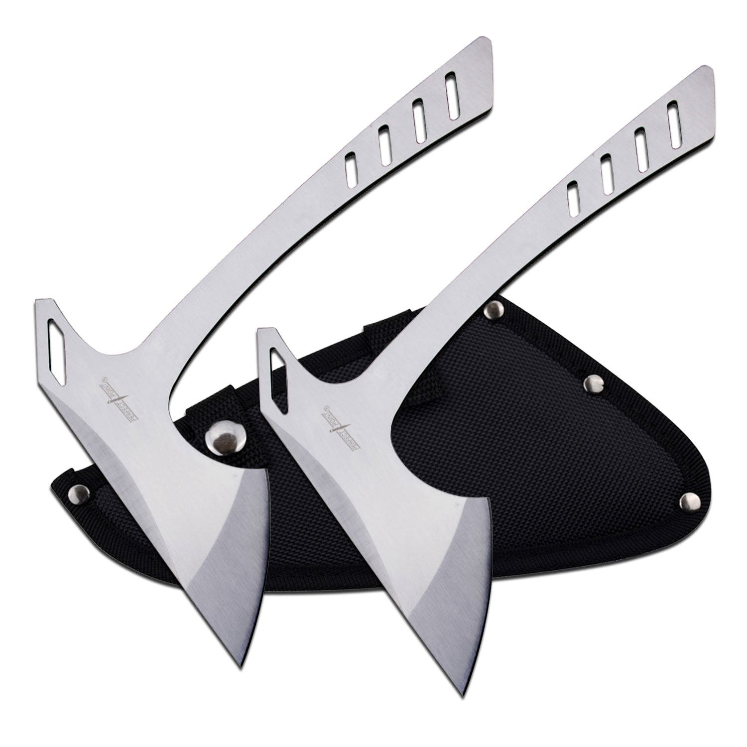 product image for Perfect-Point Silver Throwing Axe Set 2 Pc Stainless Steel Tomahawk Throwers Sheath