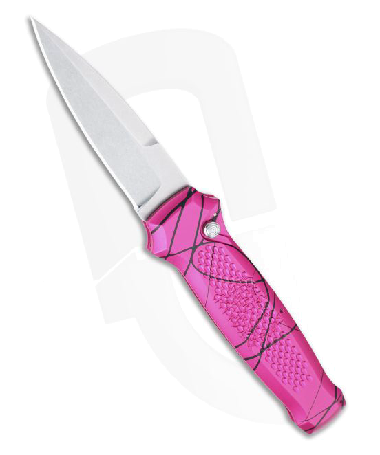 Piranha P12 Prowler Stonewashed 154CM Pink Button Lock Automatic Knife