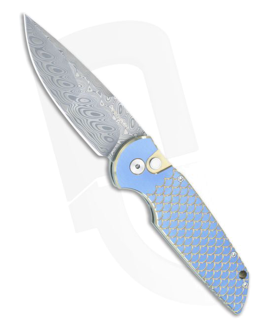 product image for Protech TR-3 Blue and Gold Fish Scale Titanium Handle Damasteel Auto Knife 2023TR3-001