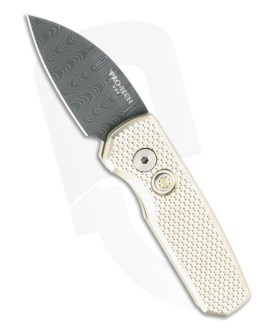 Protech Runt 5 Damascus Wharncliffe Blade Textured Bronze Aluminum Automatic R 5111 D 02 product image
