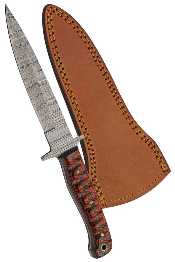 Fixed Blade Knife Damascus Steel 6 In Blade Pig Sticker Full Tang Red Sheath product image