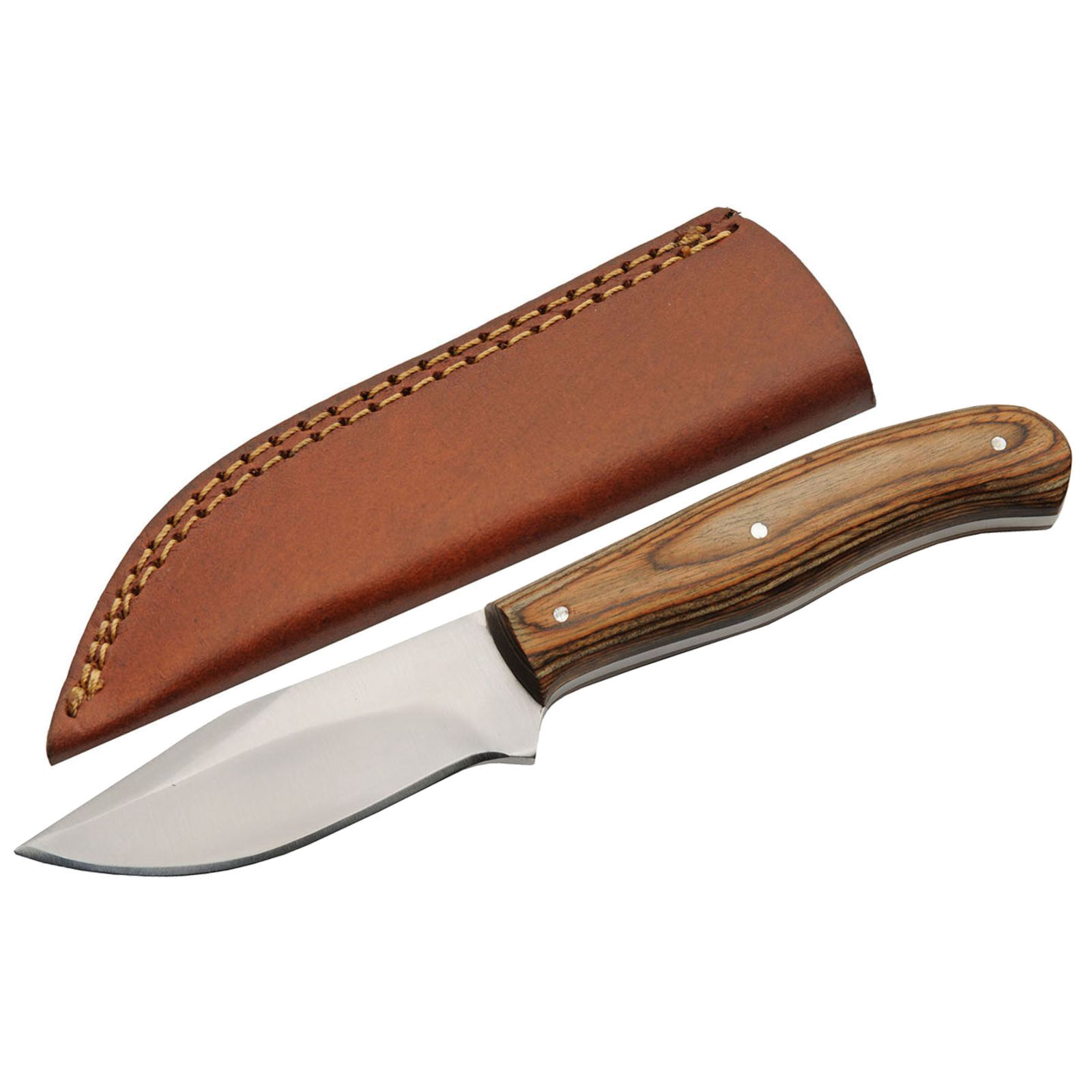 product image for Compact Hunting Knife Stainless Steel Blade Brown Wood Handle Leather Sheath