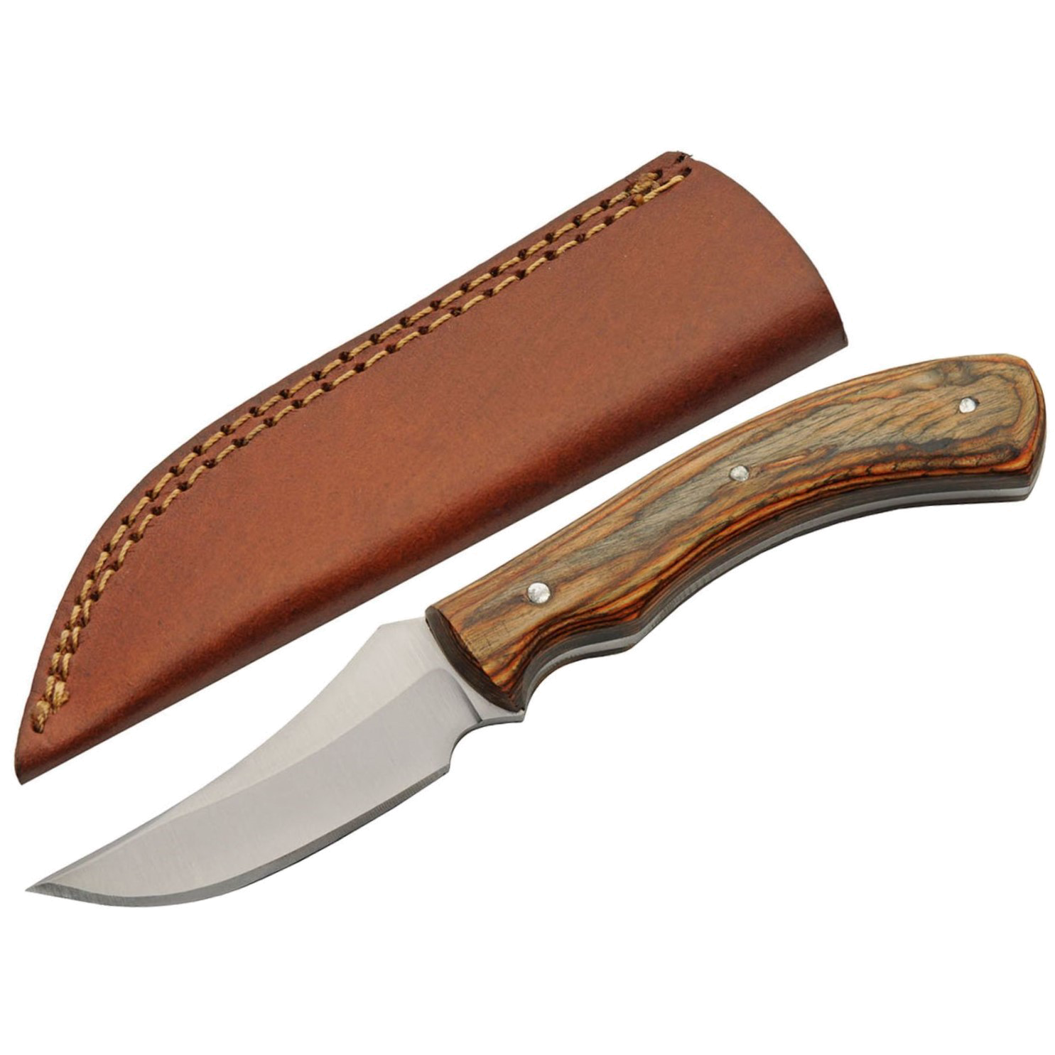 product image for Compact Hunting Knife Stainless Clip Blade Brown Wood Handle Leather Sheath