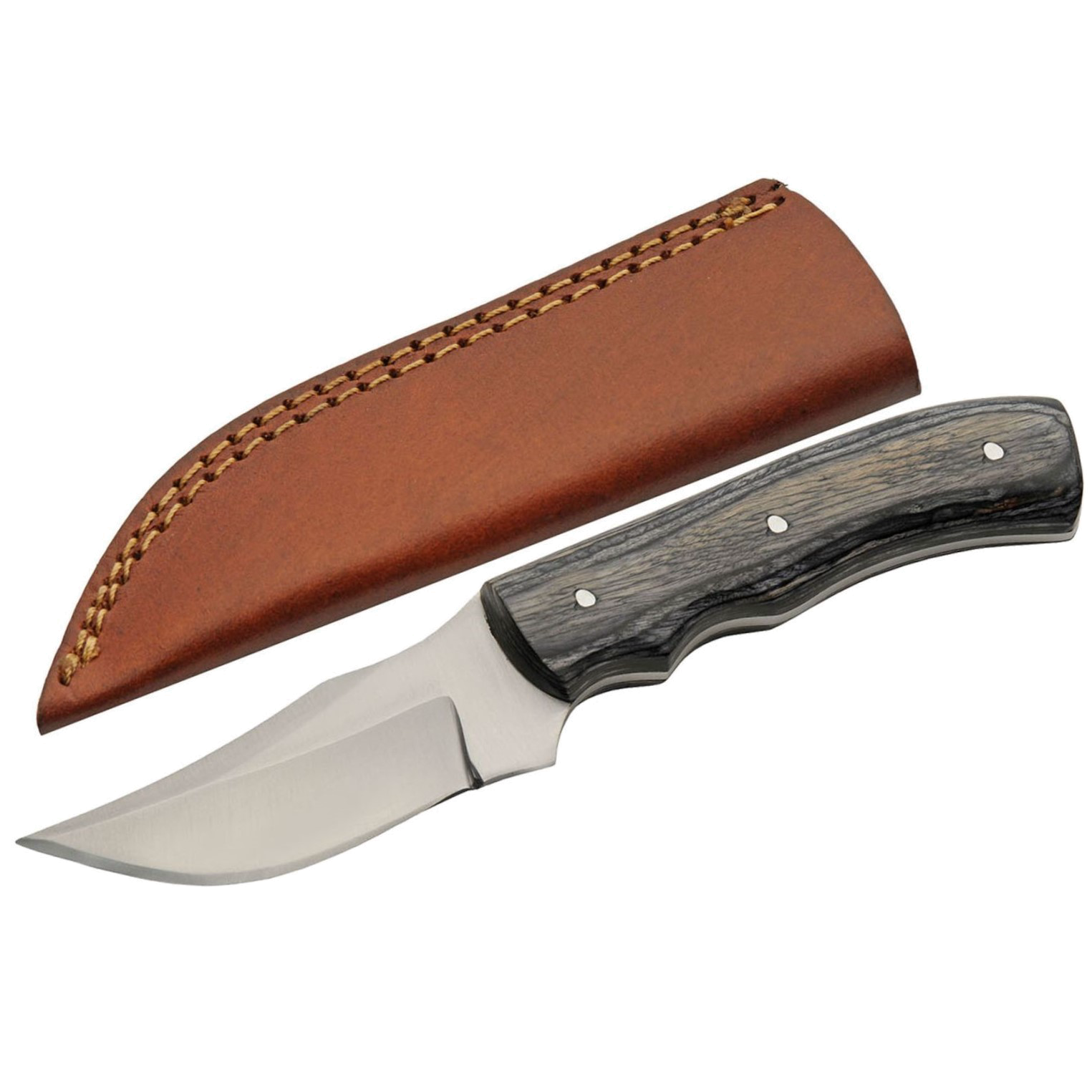 product image for Compact Hunting Knife Stainless Clip Blade Gray Wood Handle Leather Sheath