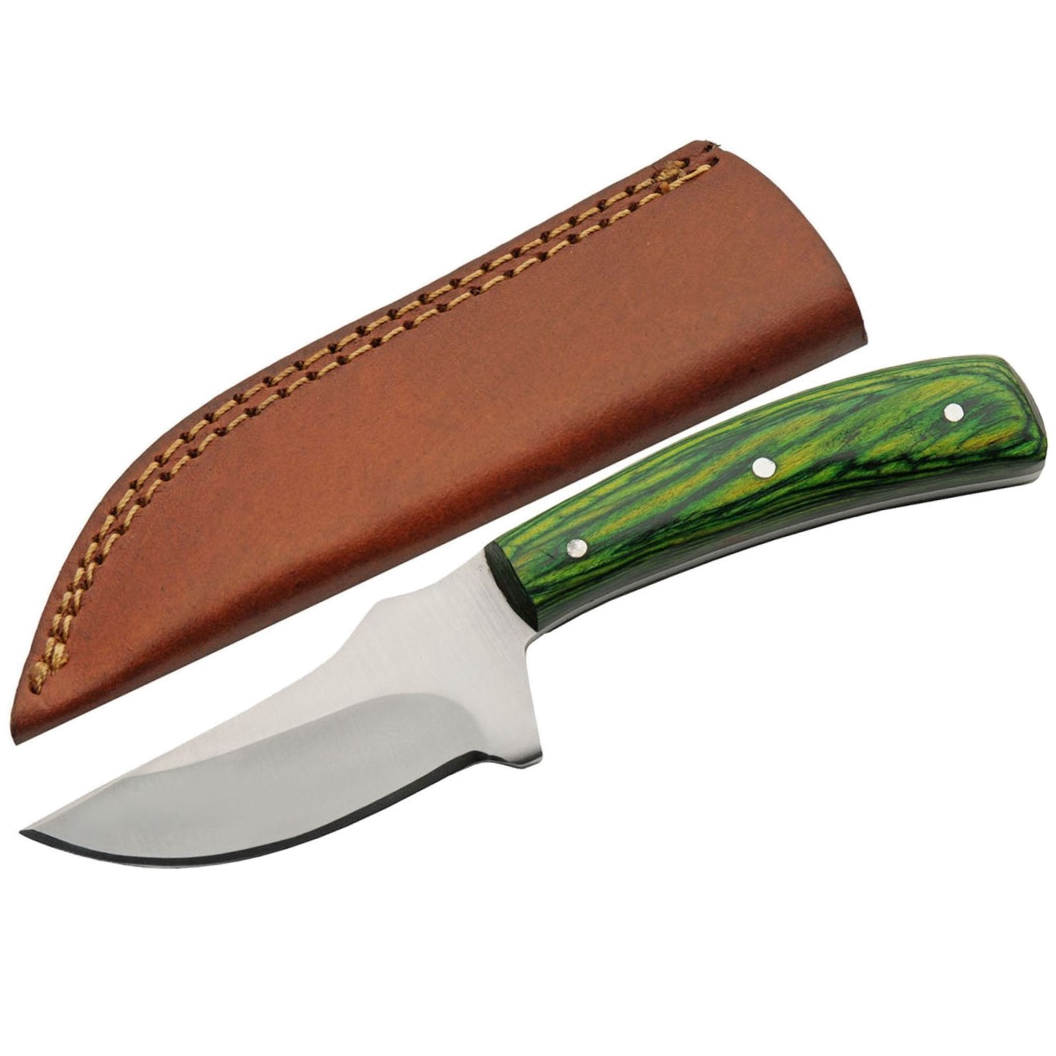 product image for Compact Hunting Knife Stainless Steel Blade Green Wood Handle Leather Sheath