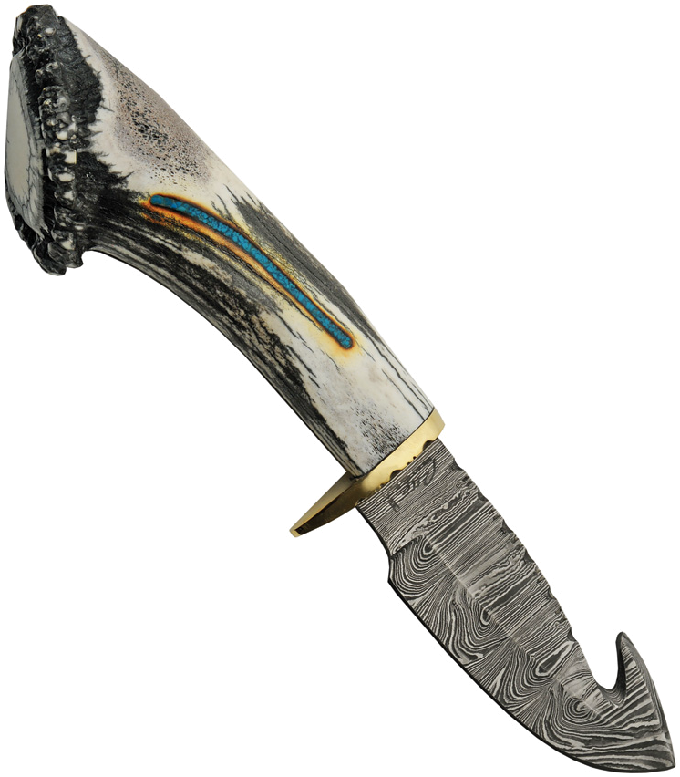 product image for Rite Edge USA Guthook 4.5" Damascus Steel Blade Stag Handle Turquoise Inlay