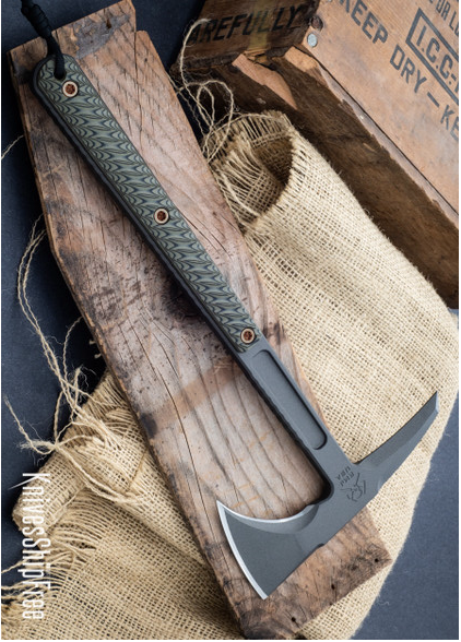 product image for RMJ Tactical Kestrel 80 Cr V 2 Tomahawk Dirty Olive G 10 Tungsten Cerakote