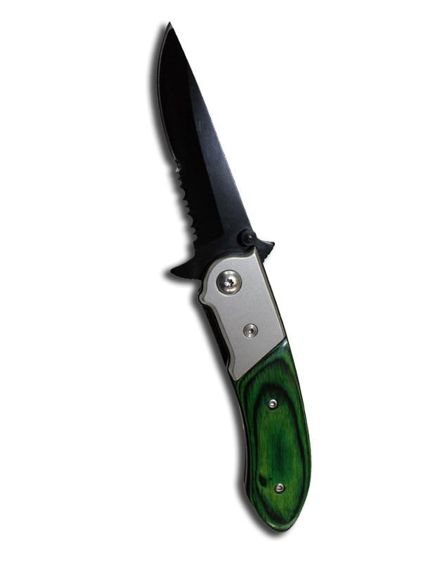 product image for Rtek Spring Assist Folding Pocket Knife Black Blade Green Wood Handle EDC