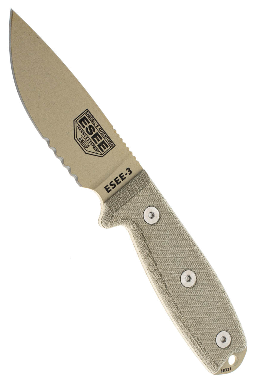 ESEE-3 Green Handle Partially Serrated Tan Blade with Modified Pommel MOLLE Back product image