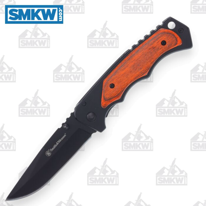 product image for Smith & Wesson Black Coated Wood Inlay Folder Knife