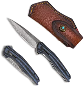 product image for STANBIK Black and Blue EDC Damascus Pocket Knife with Sheath and Clip 3.46" Blade