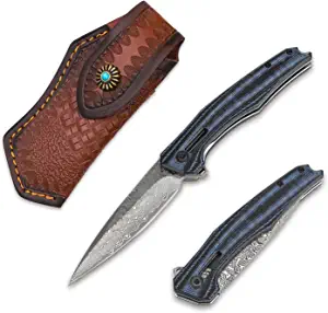 product image for STANBIK Damascus Pocket Knife Black and Blue 3.46" Blade Folding Knife