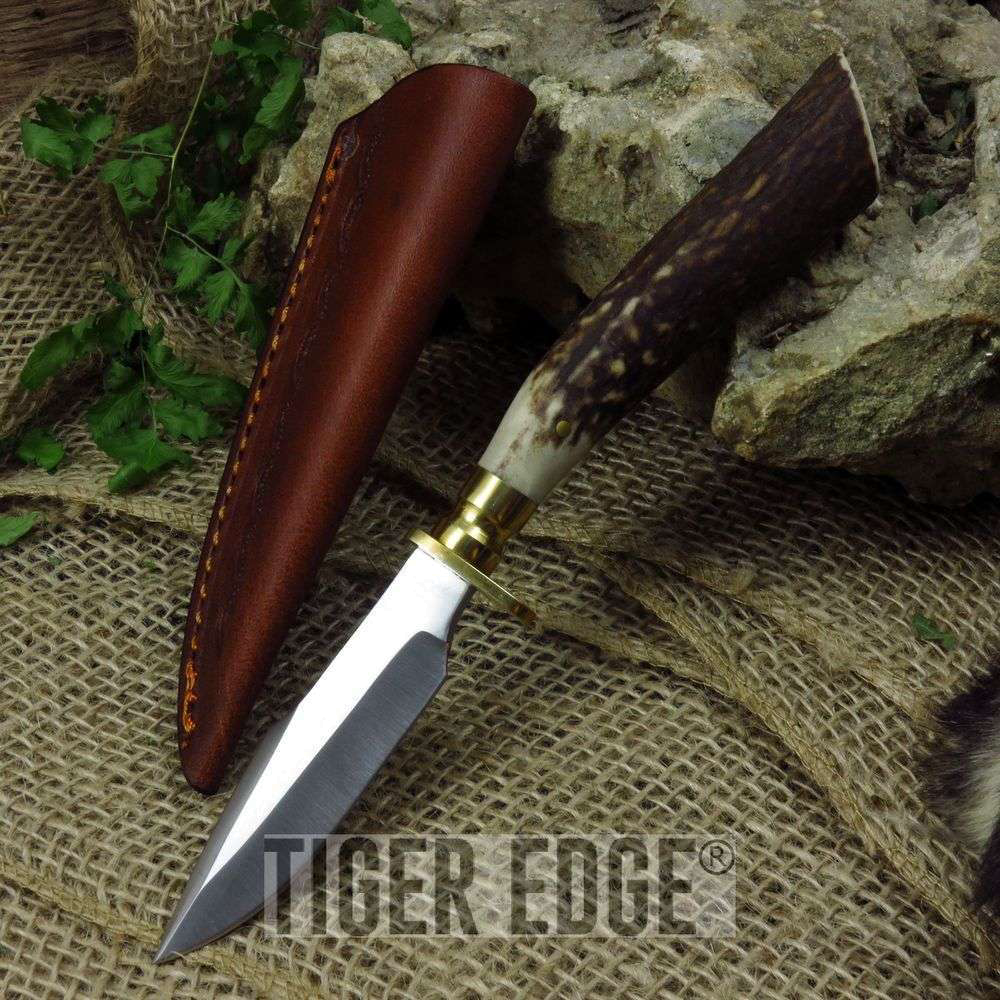 product image for SZCO 7.75 Stainless Blade Genuine Stag Horn Handle Hunting Knife W Sheath