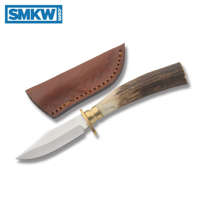 product image for SZCO Stag Modified Clip Point Mini Hunter 5.75" Stainless Steel Blade with Brown Leather Sheath