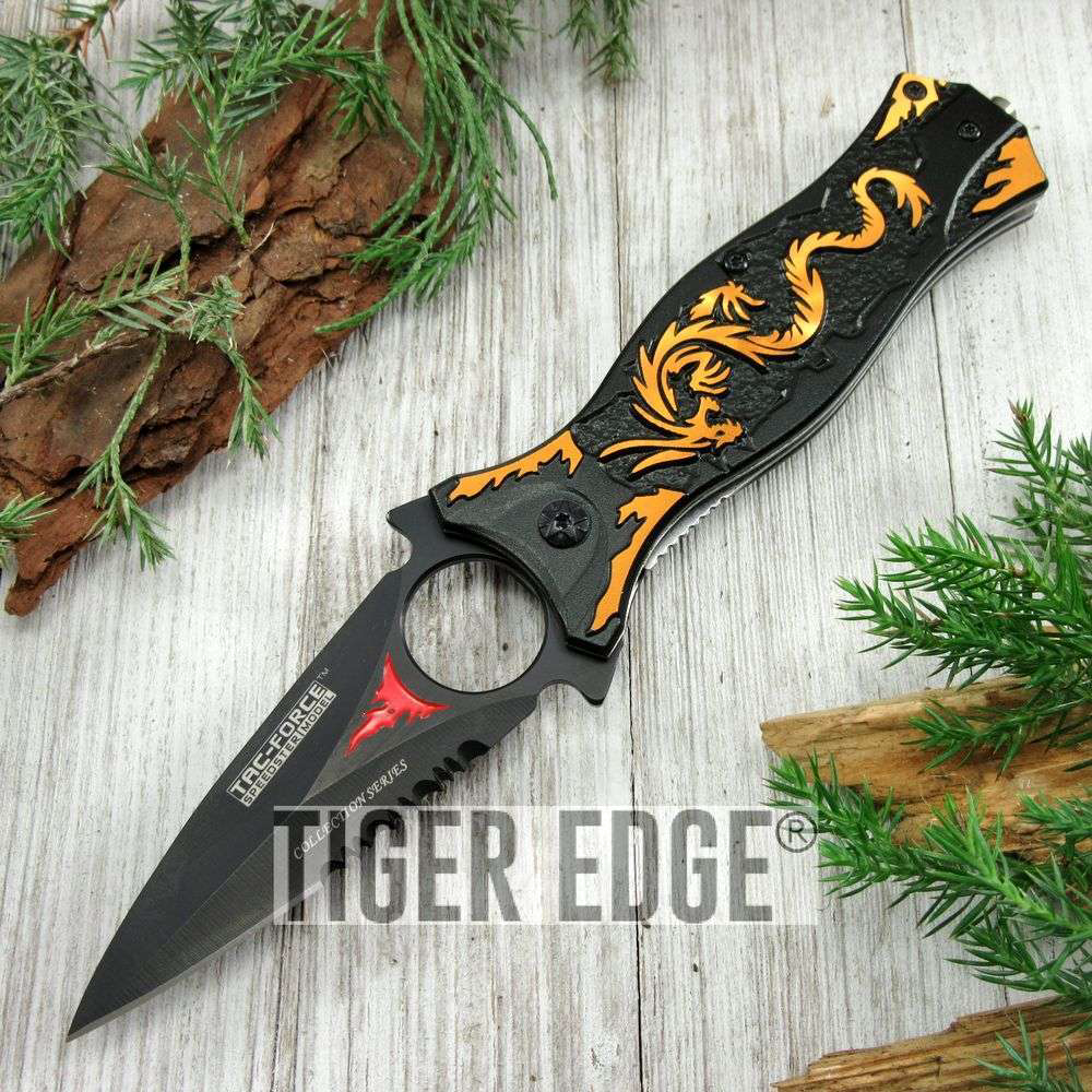 product image for Tac Force TF-707 Series Black Gold Dragon Folding Knife