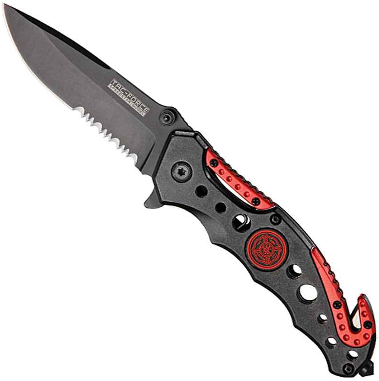 product image for Tac-Force TF-723FD Tactical Folding Knife Black Half-Serrated Blade Red Black Handle