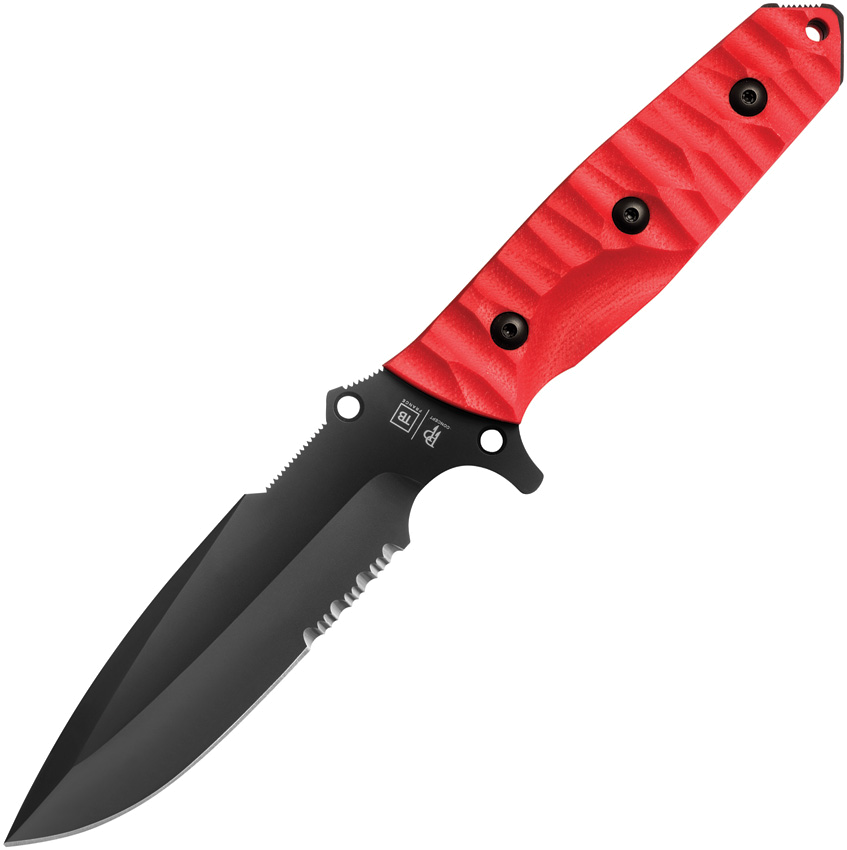 TB-Outdoor Survival Fixed Blade Black MOX Steel Red G10 Handle 4.5" - Black Kydex Sheath