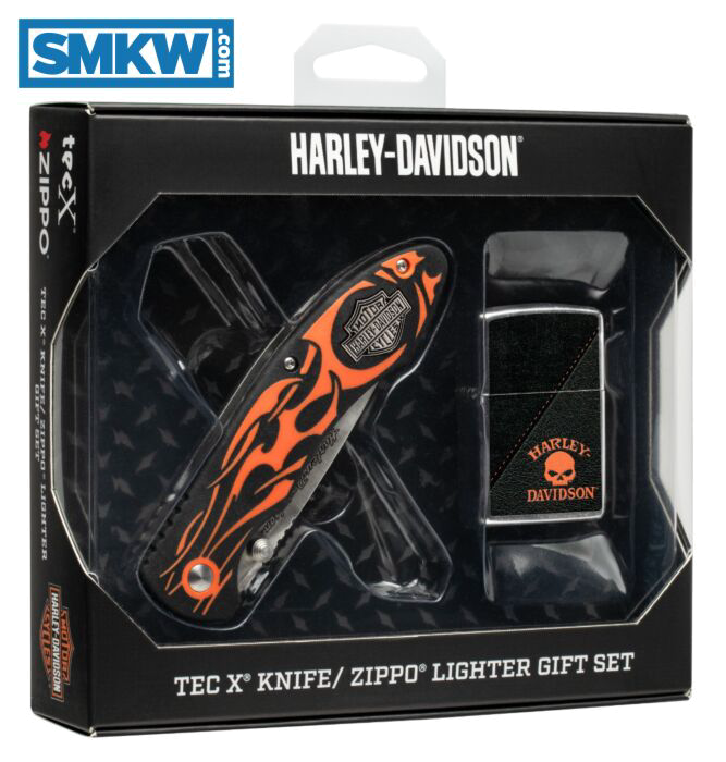product image for Tec-X TF-1 Linerlock Folding Knife with Harley Davidson Zippo Lighter, Orange Flames