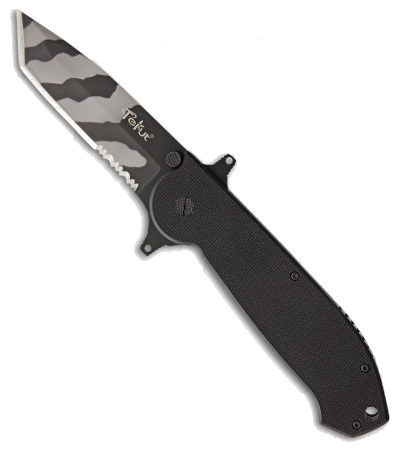 product image for Tekut Ares B Black G-10 Folding Knife with Tiger Stripe Serrated Tanto Blade