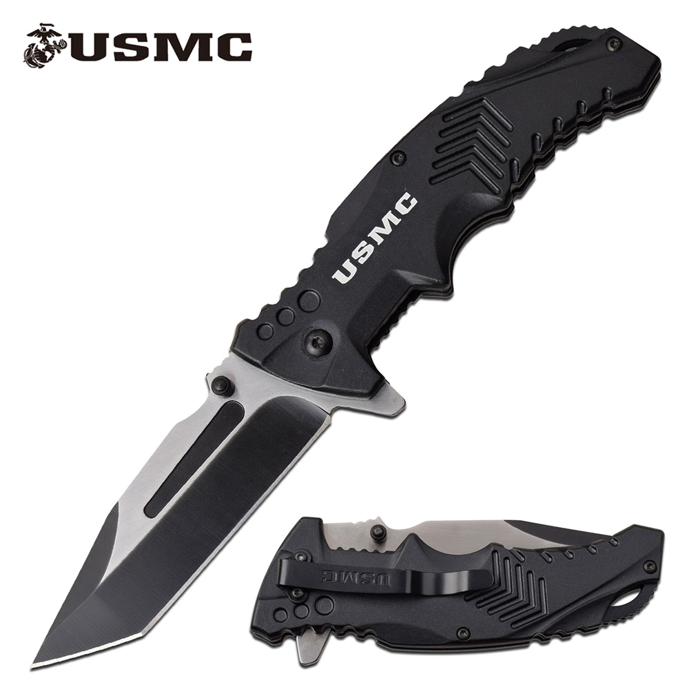 product image for USMC Spring Assist Folding Knife Black Model 3 5 Tanto Blade Tactical EDC