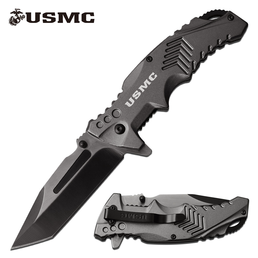 product image for USMC Spring Assist Folding Knife Gray Model 3 5 Tanto Blade Tactical EDC
