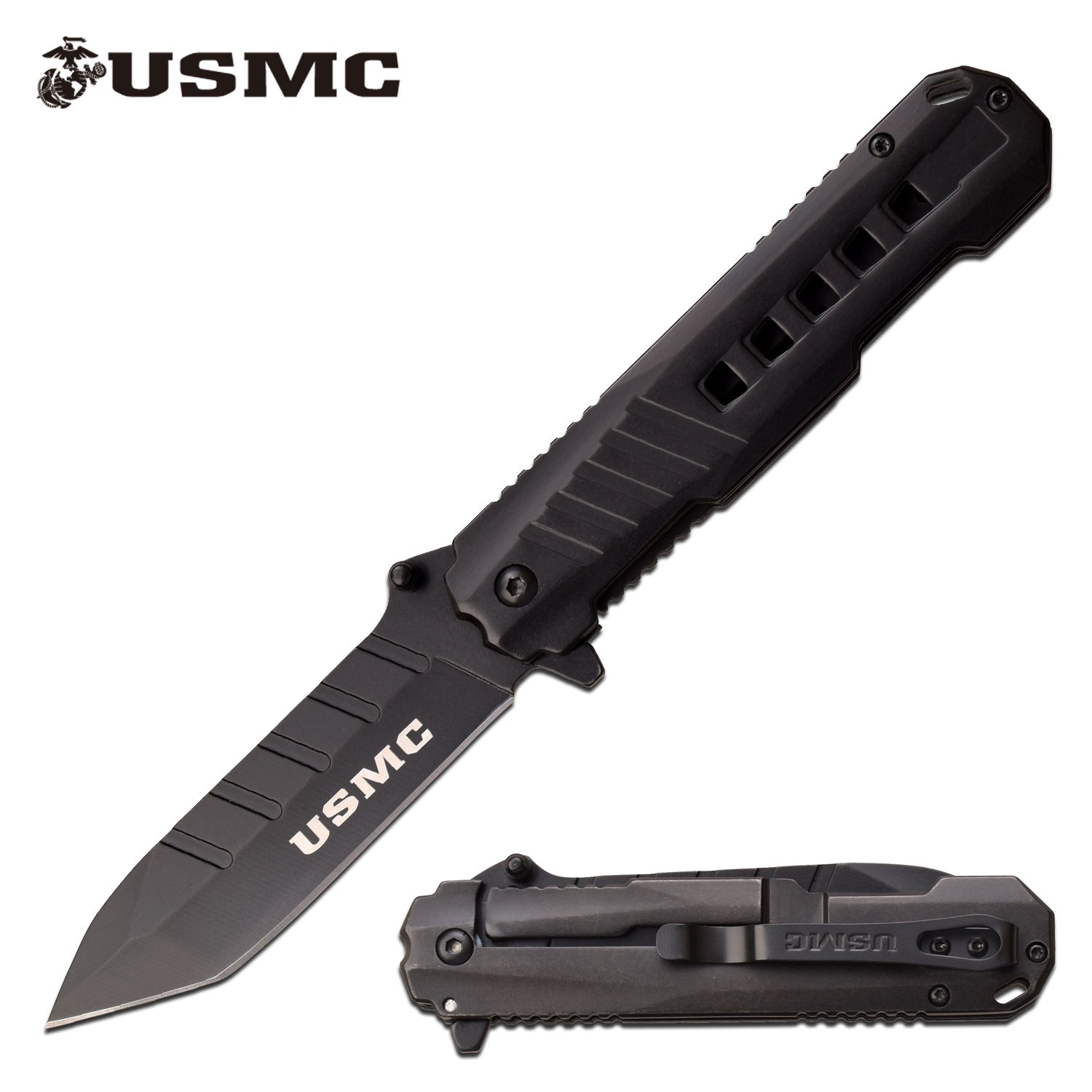 product image for USMC Black Tactical Spring Assist Folding Knife 3.75" Tanto Blade EDC