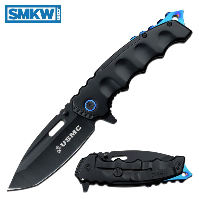 product image for USMC Spring-Assisted Folding Knife Black with Blue Accents