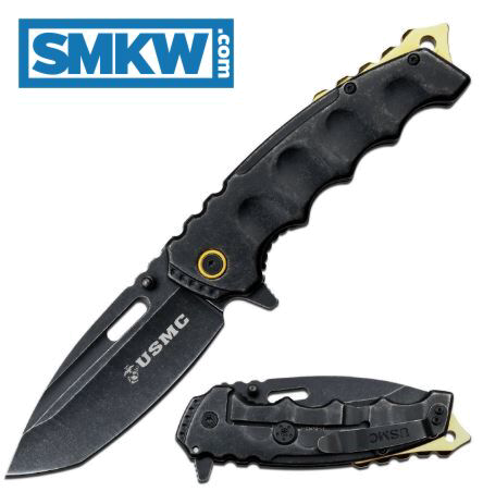 product image for USMC Spring-Assisted Folding Knife Black with Gold Accents - 3Cr13 Blade