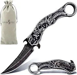 product image for Vividstill Black Folding Knife with 3D Dragon Relief - EDC for Outdoor Survival, Camping, Hiking