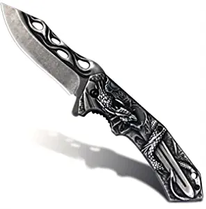 product image for Vividstill Stone Washing Stainless Steel Folding Knife with 3D Dragon Relief Embossed Design EDC for Outdoor Survival Camping Hiking Hunting