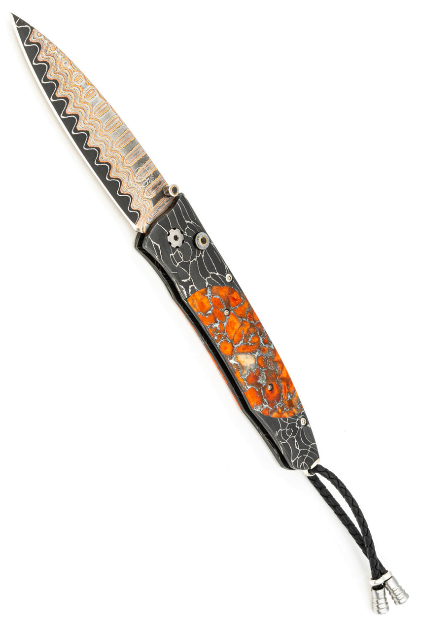 product image for William Henry Gentac Blazing T-Rex Damascus Zinc Matrix Apple Coral Inlay Copper Wave Damascus Blade B30