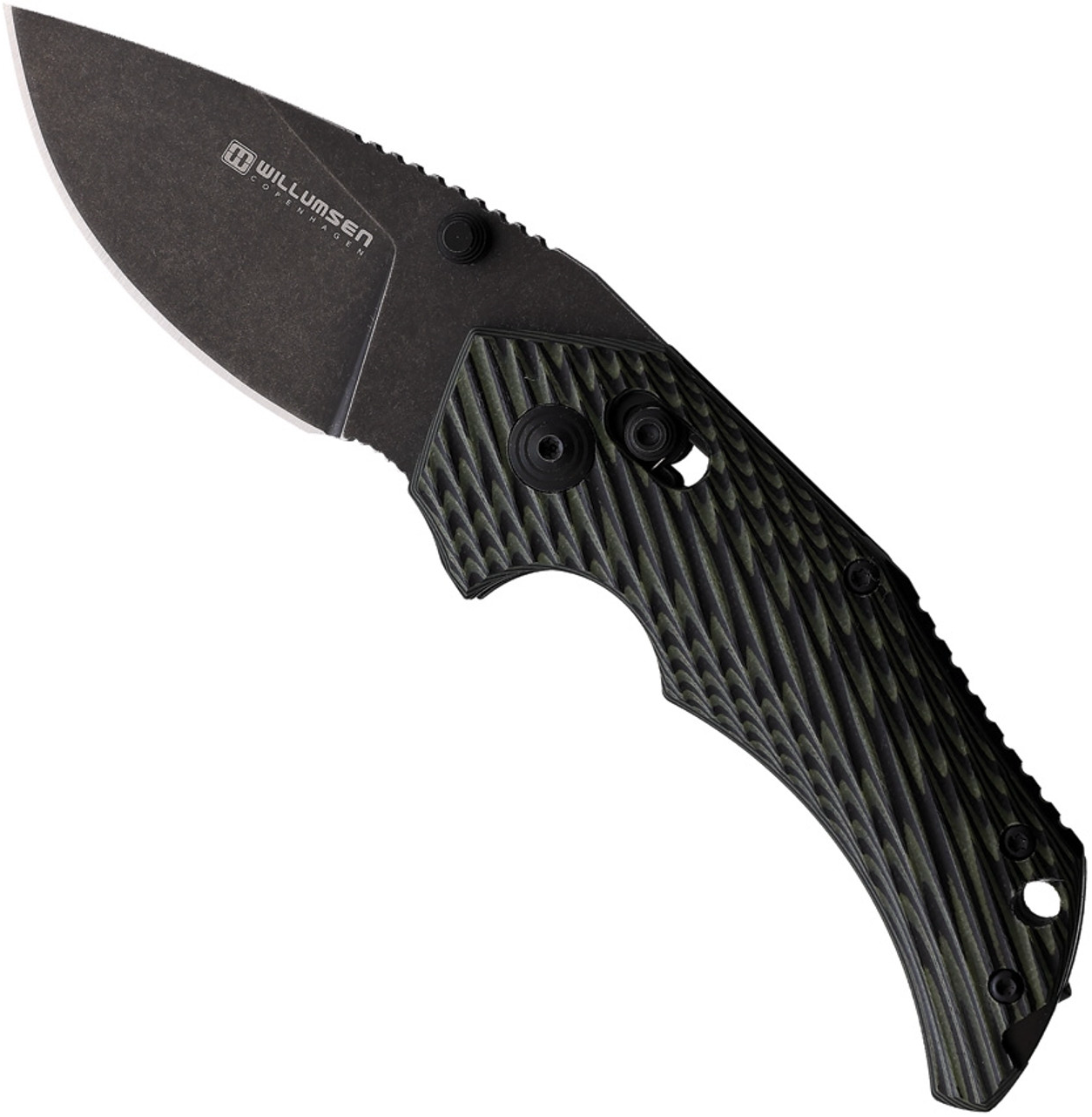 product image for Willumsen Copenhagen E Axis Folding Knife with Black Green G 10 Handle, 14C28N Plain Edge, Black Stonewash Finish
