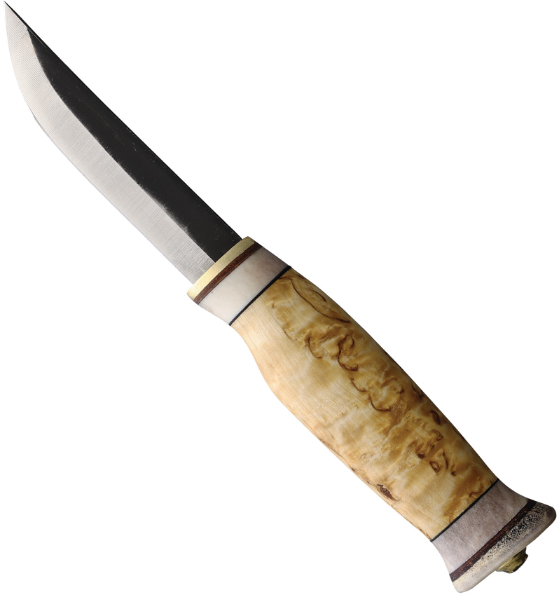 product image for Wood-Jewel Vuolu 3.75" Fixed Blade Knife with Curly Birch Handle and Brown Leather Sheath