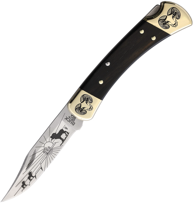 Yellowhorse Custom Buck 110 Ebony Wood Lockback Knife with Ram Artwork