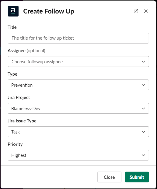 Supported Blameless fields in the selected JIRA project