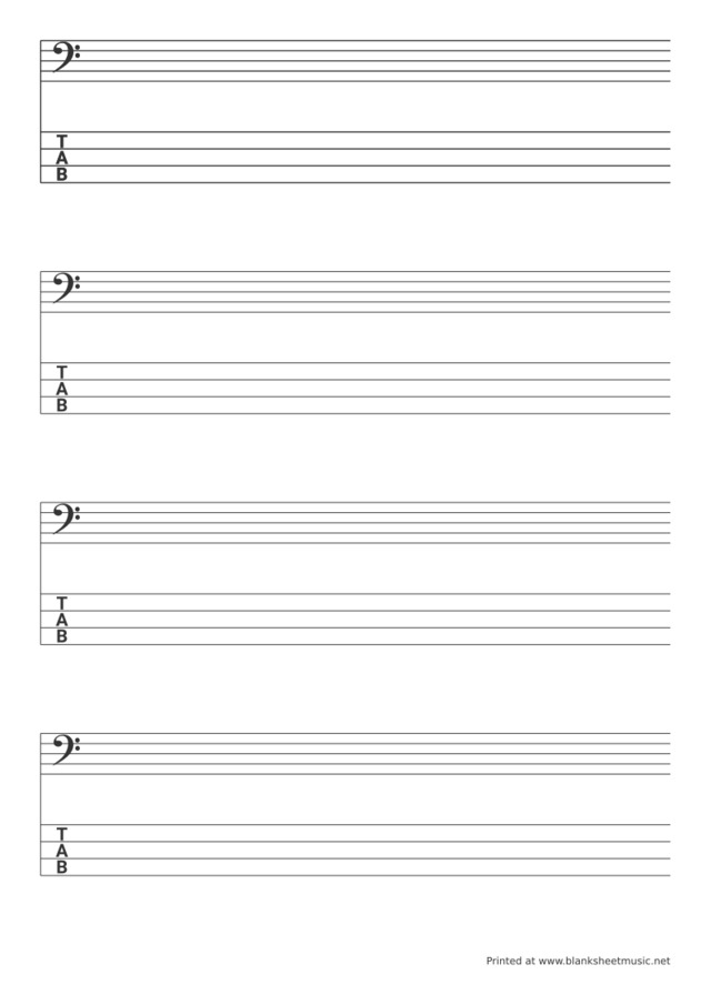Guitar and Bass Tablature Bass clef (F) stave and 4 string TAB for bass notation and tablature