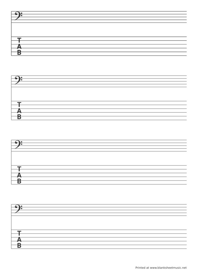 Guitar and Bass Tablature Bass clef (F) stave and 6 string TAB for bass notation and tablature