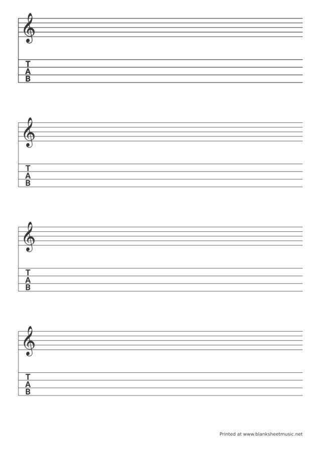 Guitar and Bass Tablature Treble clef (G) stave and 4 string TAB for mandolin / ukulele notation and tablature