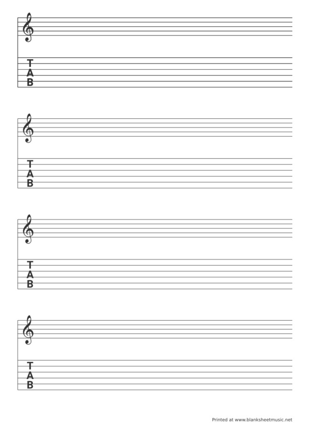 Guitar and Bass Tablature Treble clef (G) stave and 6 string TAB for guitar notation and tablature