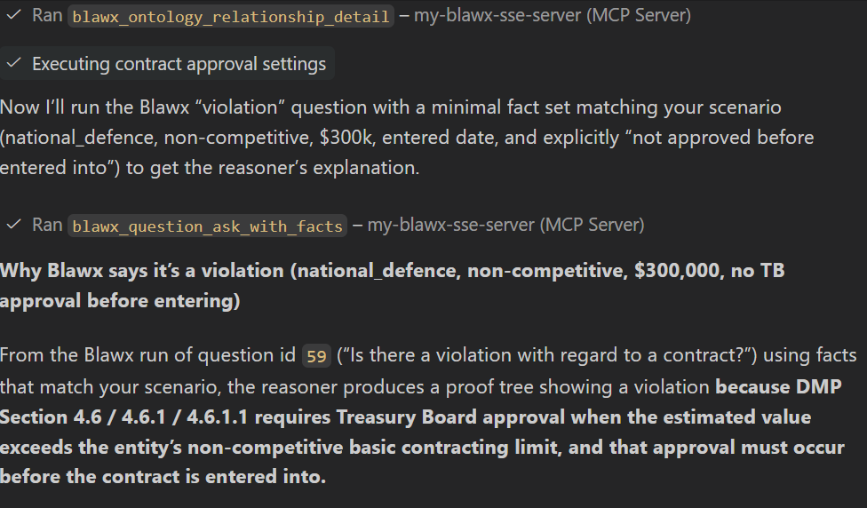 Image of a GitHub CoPilot chat in which the agent uses Blawx to explain a test failure